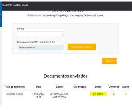 Tabela com o status do documento enviado